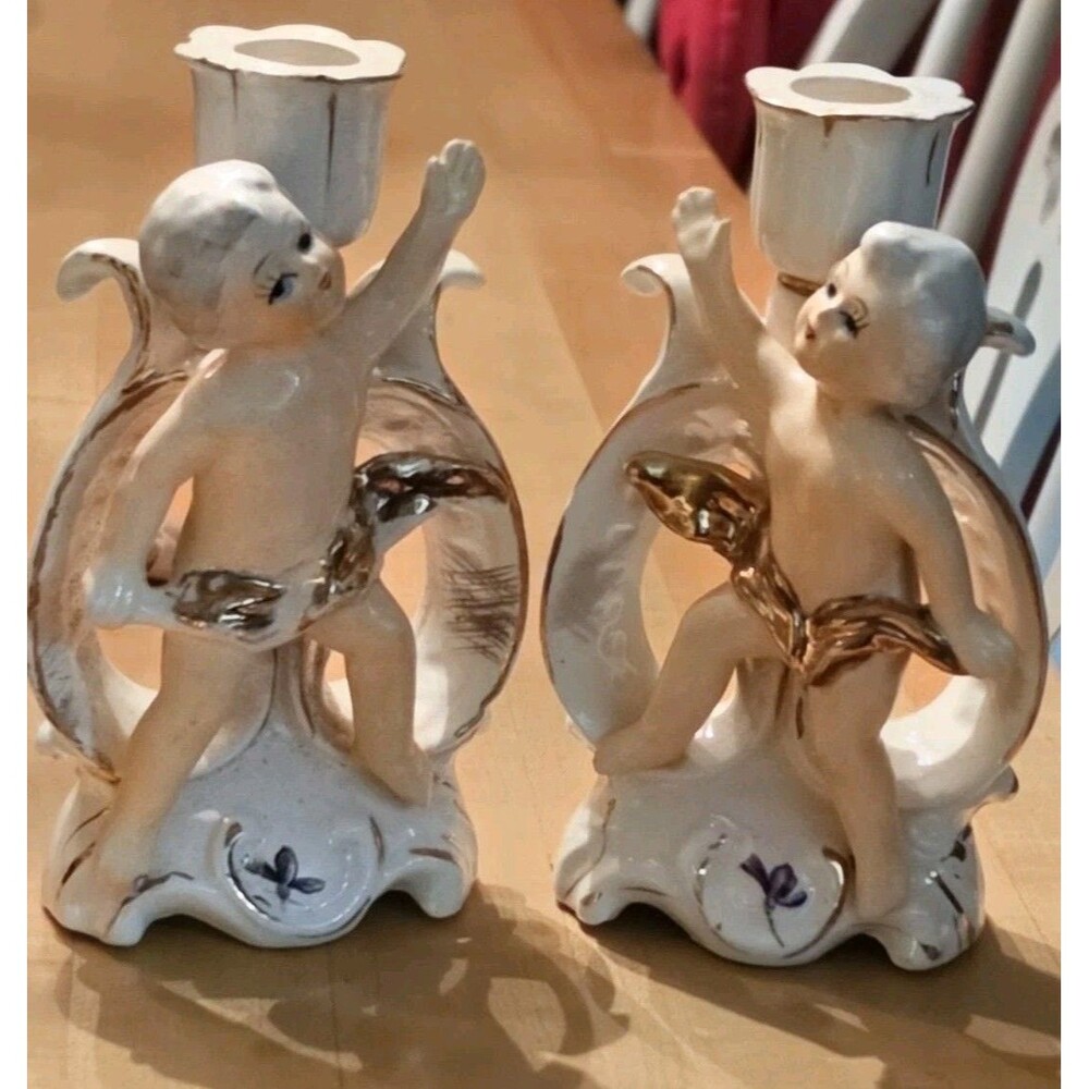 Pair Vintage White Porcelain Cherub Putti Candlesticks Gold Accents Rococo Style